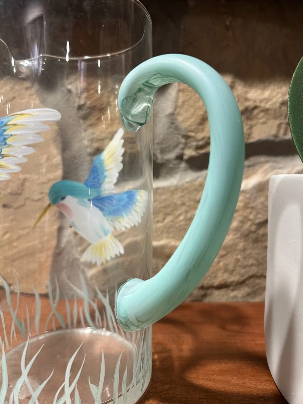 Hand-Painted Glass Pitcher with Colorful Hummingbirds
